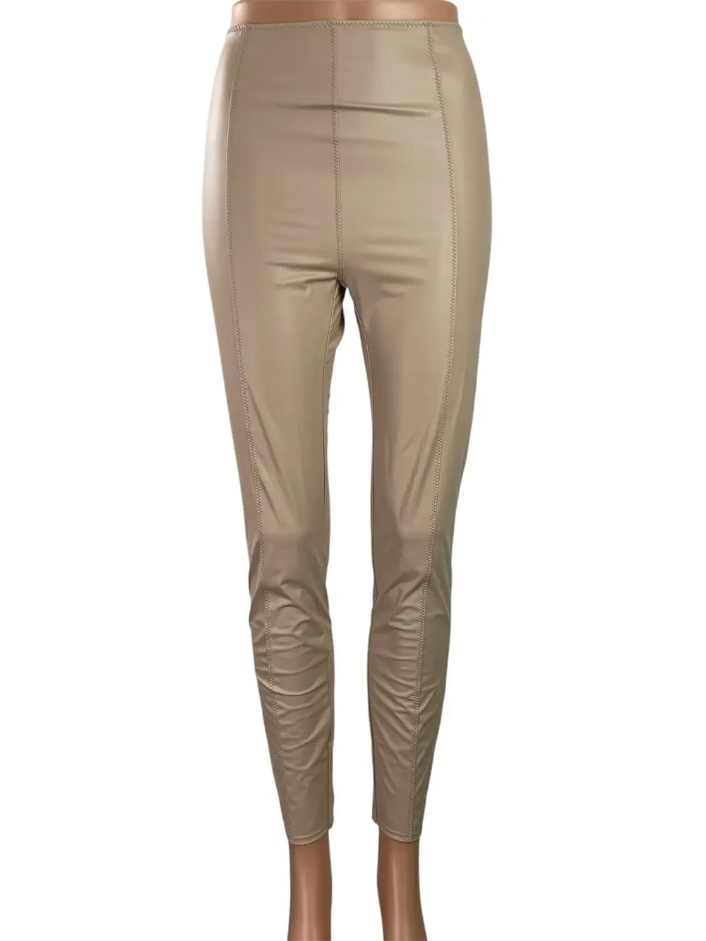 NEW Lisa Marie Fernandez Beige Patent Leather Vegan High Rise Leggings Size S